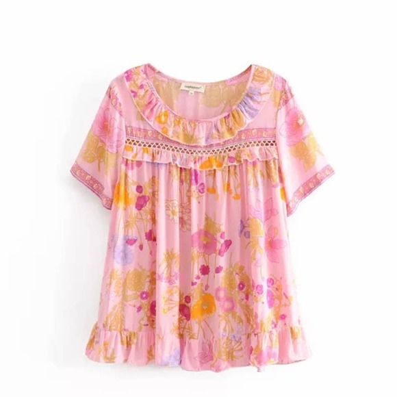 NWT Pastel Pink Floral Ruffle Short Sleeve Blouse - Picture 6 of 11